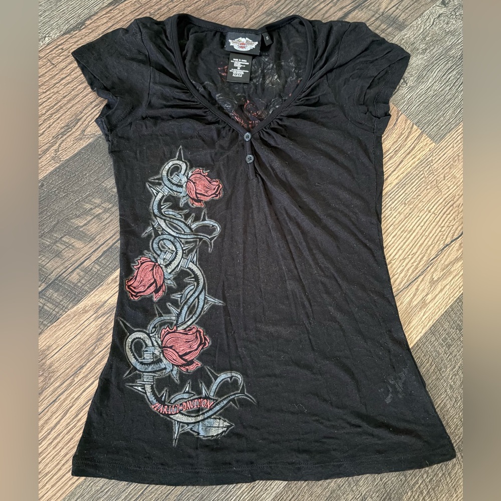 Harley-Davidson Black and Red Floral Women's Tee